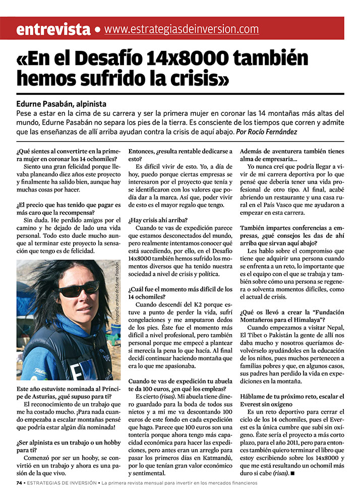 Imagen de Edurne Pasaban utilizada en la Revista Estrategias de inversión